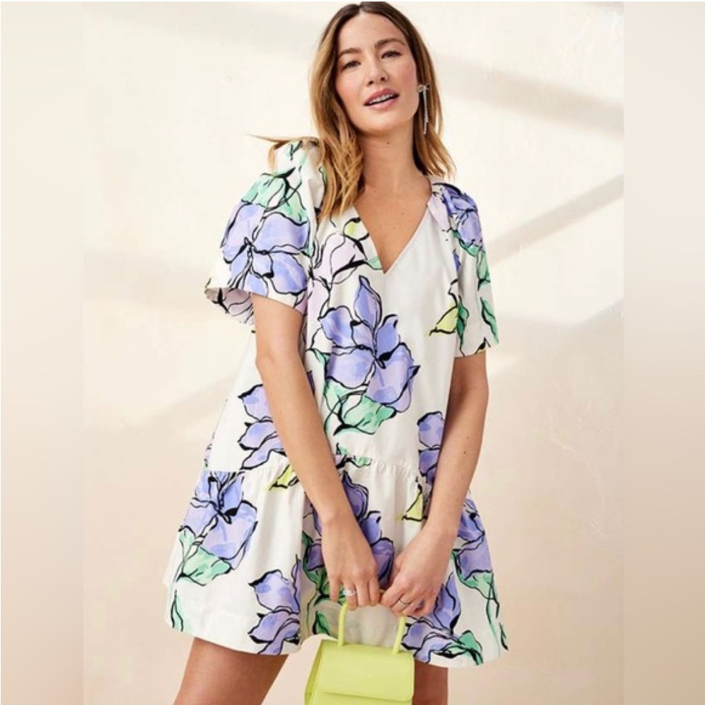 A New Day Floral V-Neck Dress size Small like new wide sleeve shift knee length